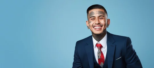 Foto op Aluminium Young Latino businessman with neck and face tattoos smile face portrait © blvdone