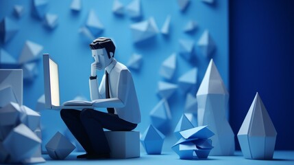 Origami Worker Seated in a Blue Monday Office - obrazy, fototapety, plakaty