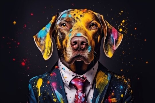 Portrait of a beautiful cheerful dog smeared with colored paint. Colors and creativity.