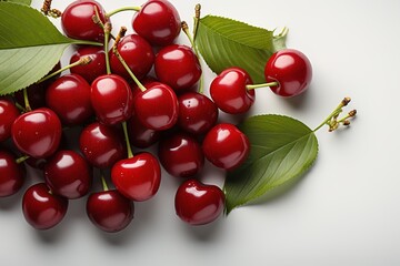 Fresh ripe cherries with green leaves on white background, closeup