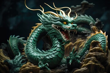 Obraz premium Green dragon closeup, fictional frightening character, symbol of the chinese new year 2024
