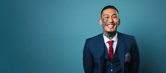 Foto op Aluminium Young Asian businessman with neck and face tattoos smile face portrait © blvdone
