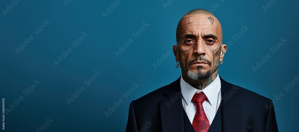 Poster Businessman with face and neck tattoos serious face portrait