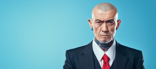 Businessman with face and neck tattoos serious face portrait
