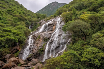 Fototapeta na wymiar A majestic waterfall surrounded by lush foliage, creating a peaceful oasis amidst nature's splendor