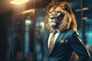 photo of a beautiful lion in a stylish business suit. global business growth analysis and asset investment chart Business and Finance Up arrow Holographic economic chart, global economic trend analysi - obrazy, fototapety, plakaty