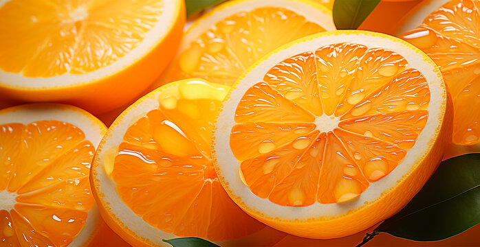 Realistic orange texture. Orange circles close up, tropical pattern, fruit banner - AI generated image