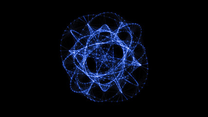 Flowing orbital polygonal sphere shape HUD, FUI element. Plexus style connecting lines and dots. © VectorShop