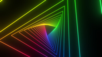 Travel through abstract neon tunnel. Glowing colorful background.