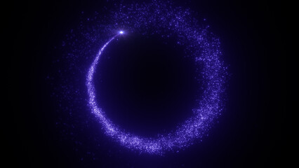 Bright flying sparks of particles, spinning in a circle, follow the flashing star.