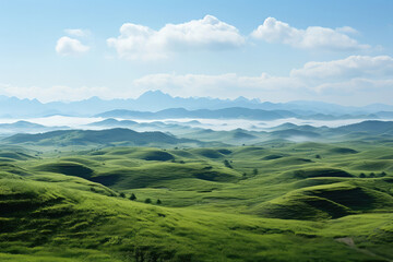 A rainbow arching over a lush green valley, with wisps of rainbow-colored clouds floating above, creating a picturesque and idyllic scene in the natural landscape