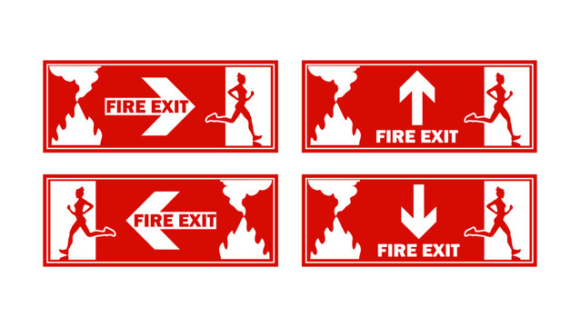 Fire exit sign, directional signs set