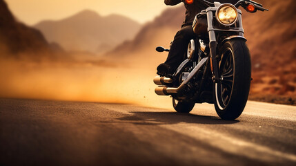 Obraz na płótnie Canvas Custom motorbike biker rider on blurred desert road