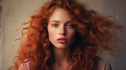 Fototapeta premium Portrait of a beautiful young red-haired woman with natural makeup. Style, fashion and beauty concept