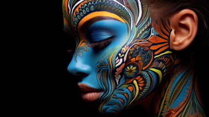 Close-up portrait of a beautiful girl with painted face and body art on black background