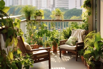 Fototapeta na wymiar Modern balcony sitting area decorated with green plant, Urban Retreat: Modern Balcony with Lush Greenery, Outdoor patio with wooden chairs and plants on the terrace