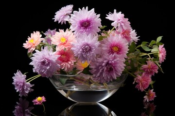 Bouquet of beautiful pink chrysanthemums on a black background, A cluster of Aster flowers on a big glass bowl black, colorful chrysanthemums, beautiful chrysanthemums