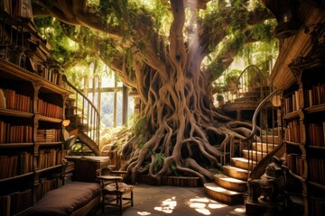 Bookshelf with books and tree roots in the old library, enchanting library in a big tree, tree...