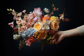 beautiful bouquet of mixed flowers in woman's hand on dark background, close-up shot, colorful flowers bouquet