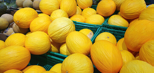 Ripe yellow melons in the store. Selling melons. Ripe melons in a supermarket and market. Sweet...