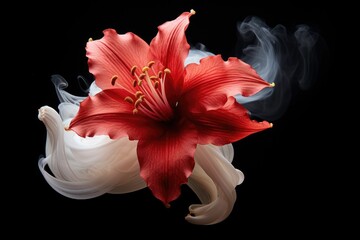 Red Amaryllis flower surrounded by white smoke, Red lily on a black background with white clouds of smoke, silk cotton flower, hibiscus