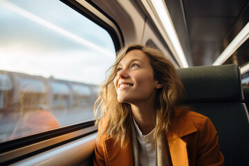 woman smiling sitting in a train looking through a window - obrazy, fototapety, plakaty