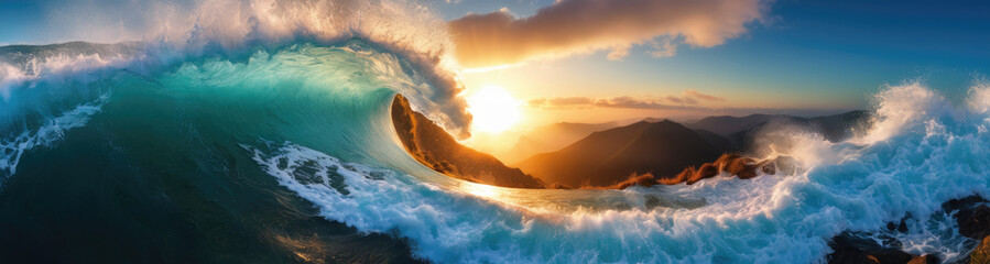 Big ocean wave on a rocky shore. - obrazy, fototapety, plakaty
