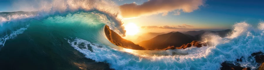 Fotobehang Big ocean wave on a rocky shore. © Yuliia