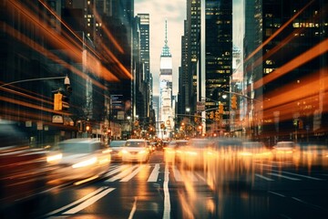 Blurred lights in midtown Manhattan through crosstown traffic in NYC. Generative AI