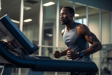 African american man running on treadmill in gym