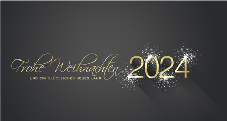 Fototapeta na wymiar Merry Christmas beautiful calligraphy and happy New Year 2024 German language new shape shining firework gold white black greeting card
