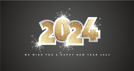 We wish you a Happy New Year 2024 light golden glitter typography on silver 2024 with sparkle firework. New Year 2024 on black background banner