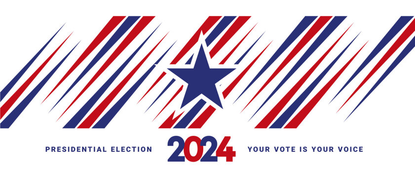 Vote 2024 Presidential Election in USA, Political election campaign banner with white background. USA Presidential Election 2024. USA star with blue white red american flag colors and symbols