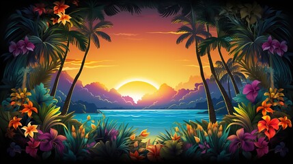 tropical sunset with tropical jungle and palm trees. Fantasy concept , Illustration painting.