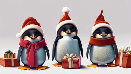 3D penguins in hats and scarves with gifts - obrazy, fototapety, plakaty