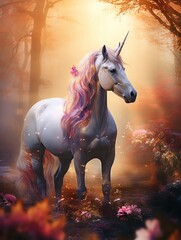 Obraz na płótnie Canvas Unicorn, a mythical creature, hoofed animal, a horse, with one large pointed spiral-shaped horn emerging from the forehead. Tale sweet magical .