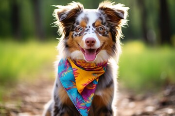 Energetic Aussie pup with colorful bandana and fun braided tail. Generative AI - obrazy, fototapety, plakaty