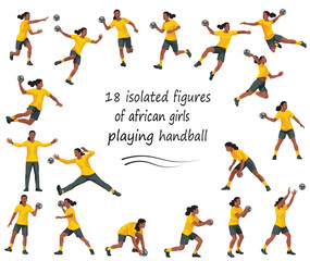 Set of African women's handball girl players isolated figures in yellow sports uniform running, jumping, catching, throwing the ball