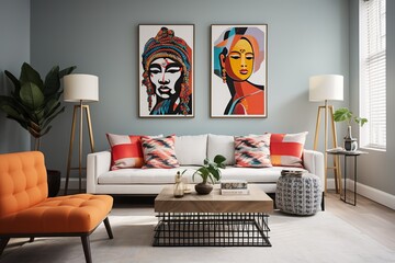 Modern Bohemian: Illustrate a living room that seamlessly blends modern aesthetics with bohemian...