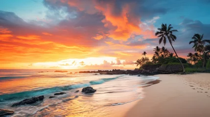 Foto op Canvas The top shock photo of a travel destination theme captures the stunning sunset over the white sand beaches © olegganko