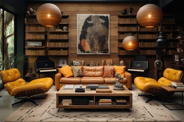 Music Enthusiast's Retreat: Create an image of a living room showcasing musical instruments,...