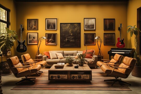 Music Enthusiast's Retreat: Create an image of a living room showcasing musical instruments, wall-mounted sound systems, and acoustically conscious furniture.