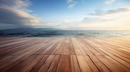 Fototapeta na wymiar Wooden platform with the sea in the background - generative ai