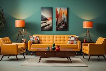 Retro Revival: Craft an image of a modern living room infused with retro-inspired furniture and decor, capturing the nostalgia of past eras in a contemporary context.