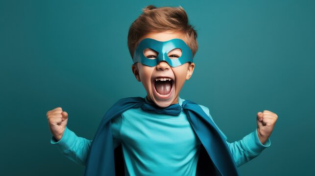 A Young Boy Wearing A Superhero Costume Stands In A Triumphant Pose