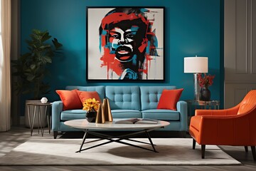 Bold Accents: Create an image of a modern living room with bold and vibrant accents against a neutral backdrop, showcasing the impact of strategic color pops.