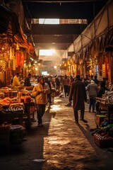 Intriguing image of a local market in Marrakech, Morocco, bustling with vendors and shoppers