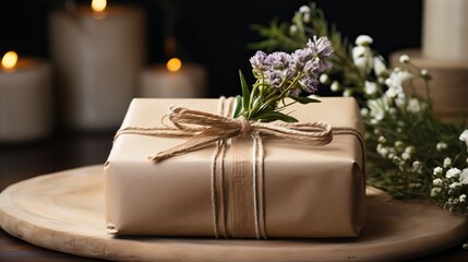 Ecological packaging for gifts. Craft paper and fabric for decoration. Dried flowers and flowers on...