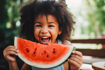 African american girl with afro hair smiling while eating a large slice of watermelon, enjoying juicy seasonal fruit