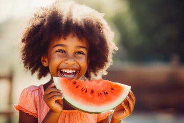 African american girl with afro hair smiling while eating a large slice of watermelon, enjoying juicy seasonal fruit - obrazy, fototapety, plakaty